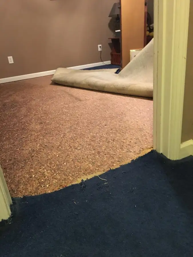 Carpet pad removal revealing water damage during Water Mitigation Services in Wheatfield